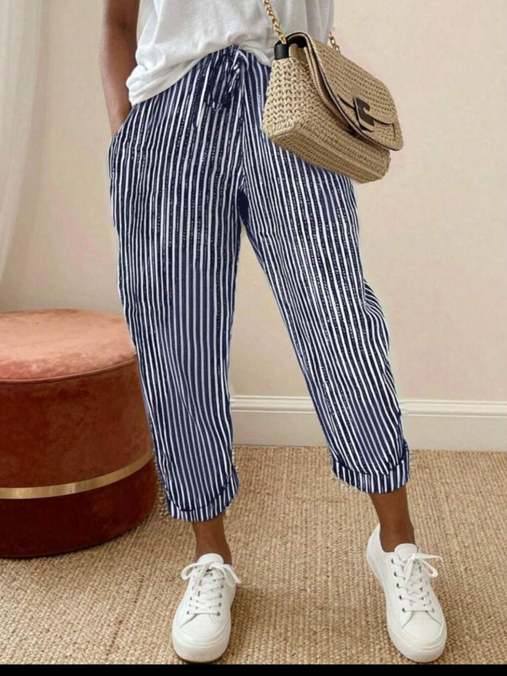 EMERY ROSE CROPPED NAVY BLUE & WHITE STRIPED LIGHTWEIGHT PANTS POCKETS MEDIUM